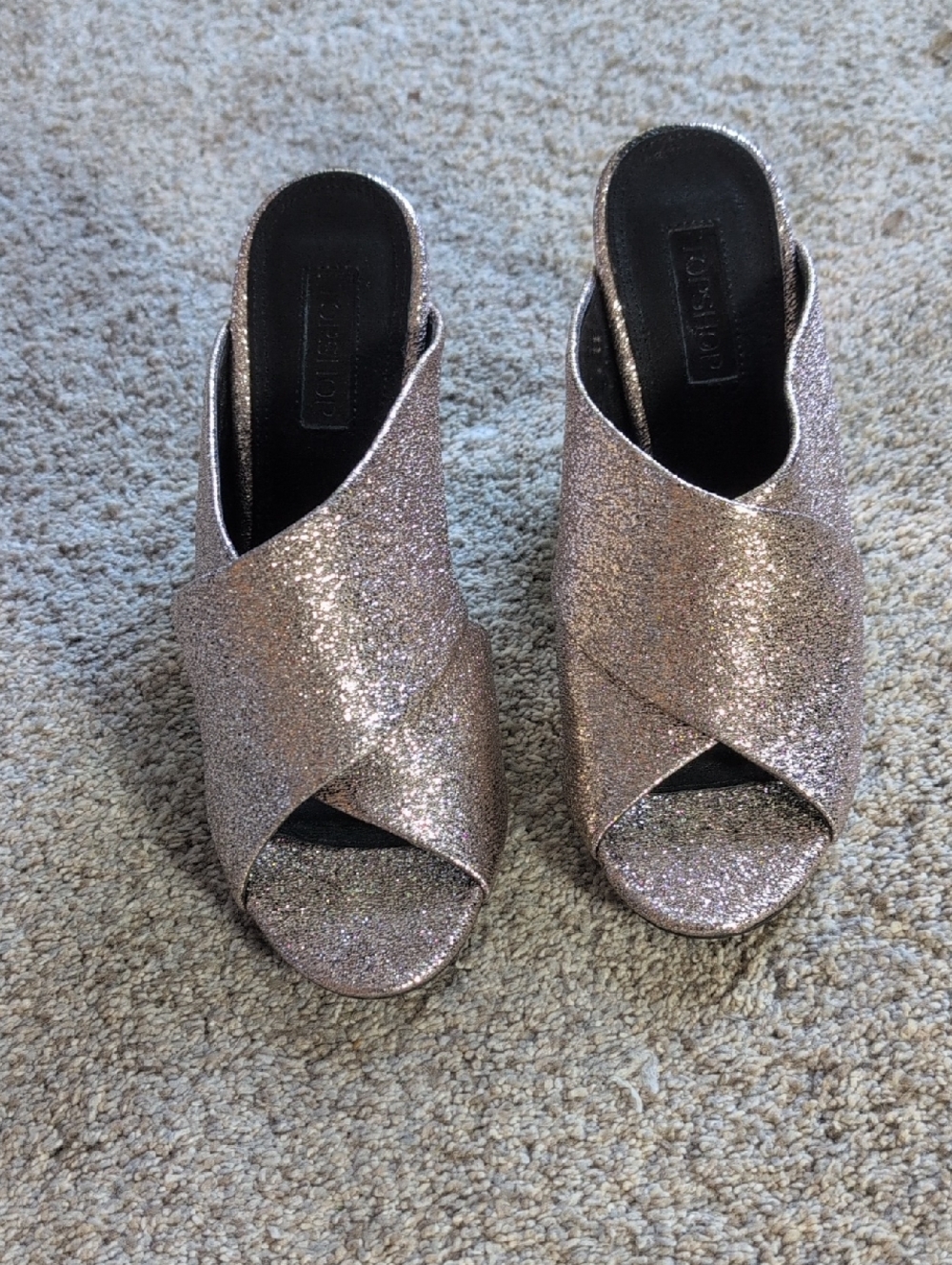 Topshop Rose Gold Glitter Crisscross Mules - Rose Metallic